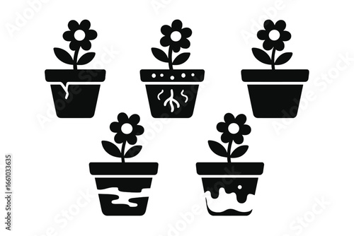 Solid filled icon set illustrating flower pot problems and gardening issues. Cracked rim, moldy soil, rootbound plant, faded paint, algae buildup. Vector symbols for care tips and maintenance.