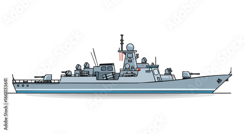 Detailed illustration of a modern naval warship with advanced weaponry systems and radar technology on a white background