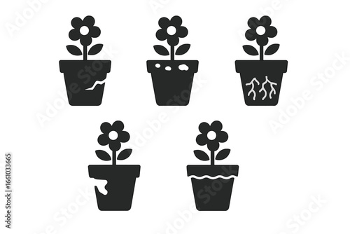 Solid filled icon set of flower pot problems and gardening issues, cracked rim, moldy soil, root bound stress, faded paint, algae buildup, vector illustration for plant care concepts