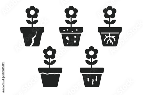 Flower Pot Problem Icons Set. Solid vector illustration showing issues in houseplant pots: cracked pot, moldy soil, rootbound, faded paint, algae buildup. Gardening maintenance and care concept.