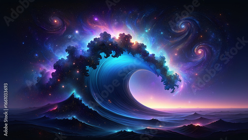 A magnificent celestial wave of cosmic energy crests over a fantasy ocean under a vibrant star-filled galactic sky.