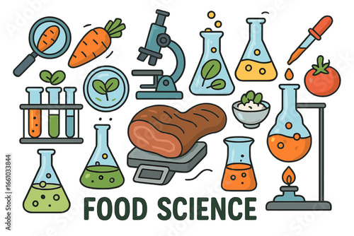 Food science laboratory exploration vector. Cartoon illustration of culinary innovation, nutrition experiment, ingredients analysis, test tubes, microscope, meat, vegetables, chemistry research