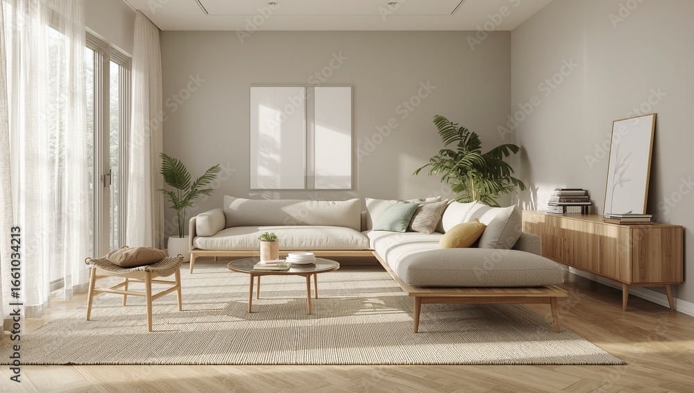 Fototapeta premium Scandinavian living room with bright oak furniture natural daylight large windows lush plants soft textured furnishings