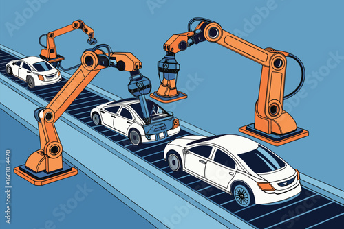 Robotic arms swiftly building advanced vehicles.
