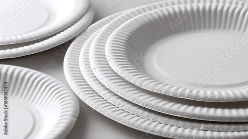 Stack of Round White Paper Plates, Ridged Rim, Disposable Tableware Items Arrangement