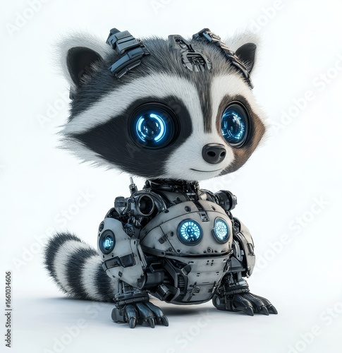 Cute and funny raccoon robot, a whimsical robotic animal isolated over a white background. 3D rendering, Generative AI