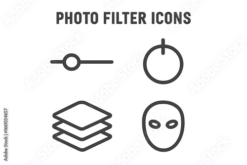 Modern photo filter icons collection. Outline style gradient overlay vector set with adjustable slider, filter knob, layered stack, mask face. Editing, enhancement and photography tools concept.
