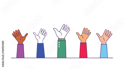 Diverse hands raised in unity and participation raised hands