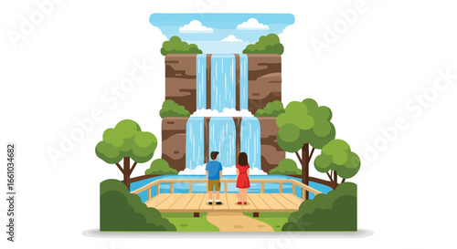 Serene waterfall landscape with couple enjoying nature's spectacle on viewing platform near clear cascade surrounded lush vegetation