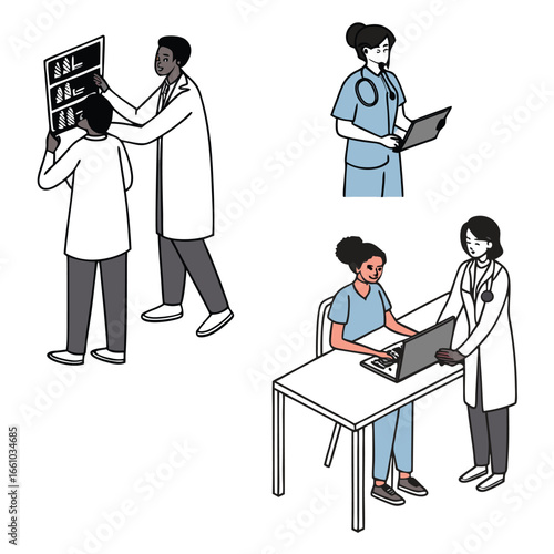 Doctors examining medical scans and using illustration