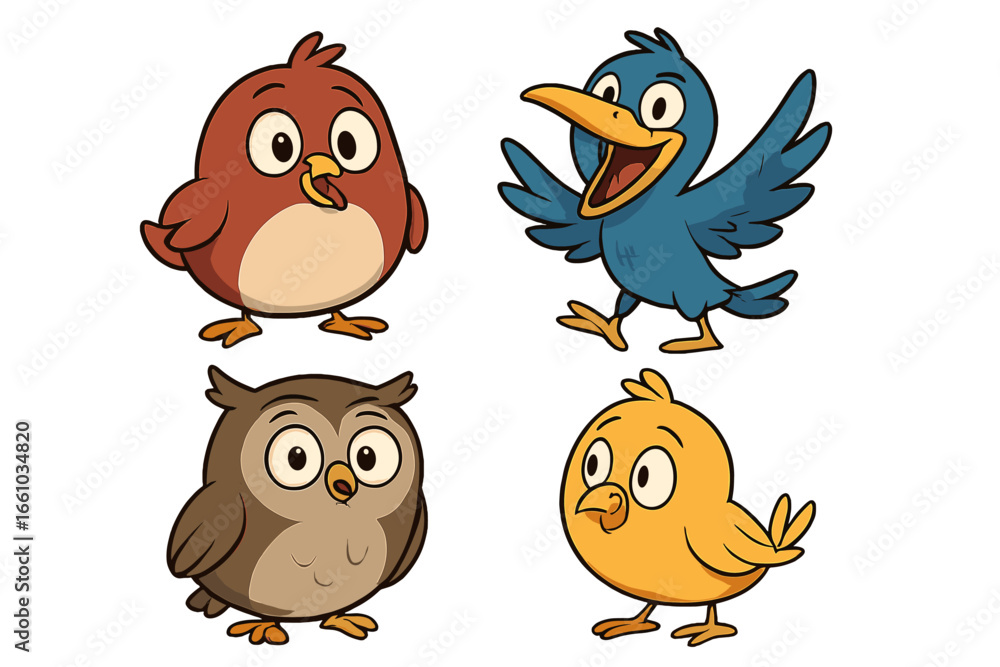 Fototapeta premium Cartoon Birds Collection. Cute Colorful Bird Characters. Happy Owl, Robin, Crow, Chick Vector Illustration. Fun Animal Mascots. Playful Avian Designs for Children. Isolated EPS Clipart.