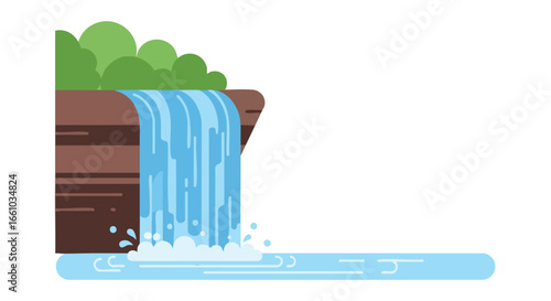 Stylized cascading waterfall illustration, graphic mountain stream and natural scenery, minimalist vector of gentle flowing water among cliffside