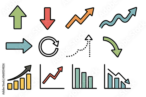Vector arrows and chart icons set for business data analysis. Directional arrow, upward, downward, circular, trend movement, graph symbols. Financial growth, decline, comparison, flow, presentation.