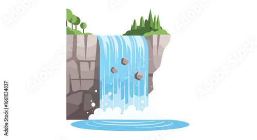 Scenic waterfall illustration with rock formations and vibrant forest vegetation provides a captivating view from nature with cascading turquoise
