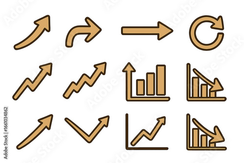 Arrow and chart icons set. Brown vector arrows, upward and downward trend, growth, decline, direction, progress, cycle, statistics, business presentation, data analysis, infographic symbols.