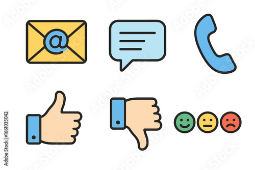 Communication and Feedback Vector Icons Set. Cartoon Illustration Pack for Digital Contact Methods: Email, Chat Bubble, Phone Call, Like Dislike Thumbs, Happy Neutral Sad Ratings, Client Interaction.