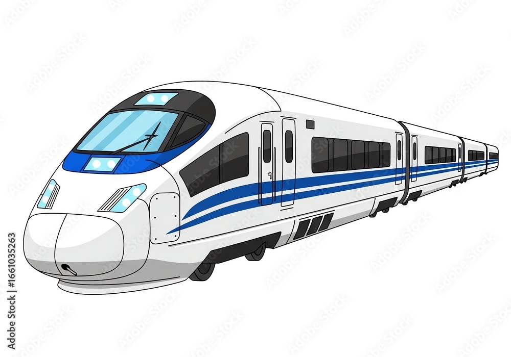 Fototapeta premium Modern highspeed bullet train with blue and white livery, isolated on white background, representing fast and efficient public transportation and technological advancement