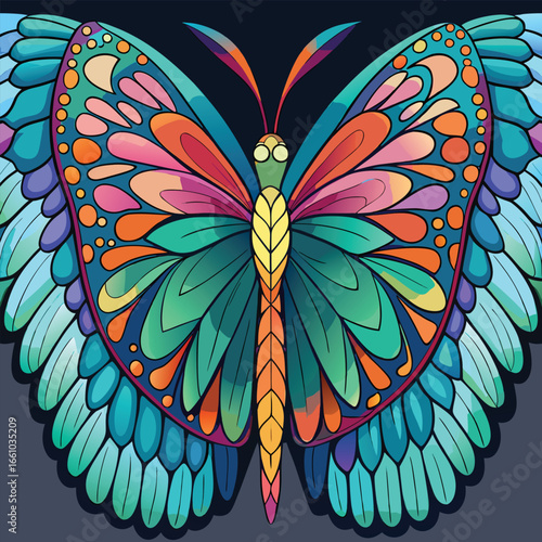 Vibrant, stylized butterfly with colorful mosaic wings brings a touch of magic and wonder to any design project.