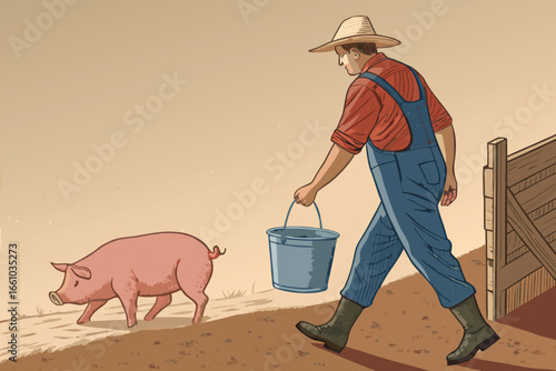 A farmer diligently carries a bucket of water to hungry pigs in their humble pen.