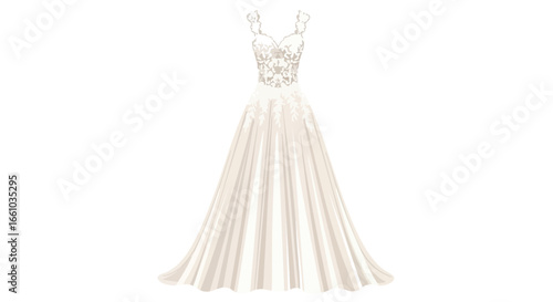 Elegant wedding gown vector illustration showcases intricate lace bodice and flowing a-line skirt perfect for bridal designs and event planning