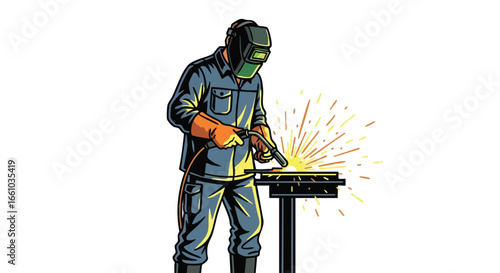 Skilled technician in protective gear performing precision metalwork with welding equipment, creating sparks in an industrial setting under safe
