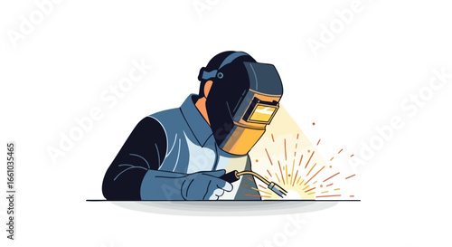 Isolated illustration of a skilled tradesman diligently welding with protective gear and vibrant sparks showcasing precision and craftsmanship