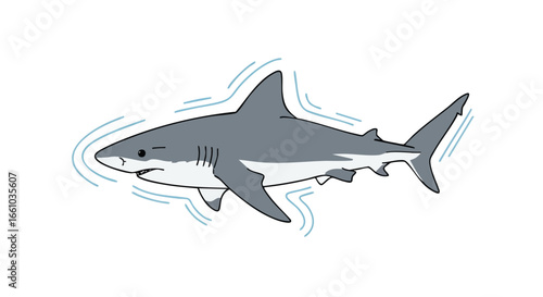 Grey predator of the marine world, an illustration of a solitary great white shark swimming, captured in a clean and simple design, aquatic apex