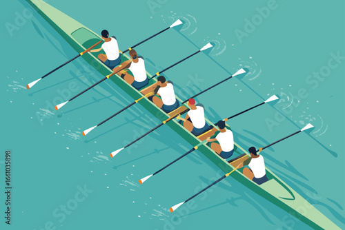 Olympic rowing team in perfect synchronicity.