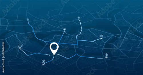 Location EV charging station location mark on gps navigation map a lot with fast supercharger station. Path turns and destination tag or mark. Huge city top view Tracking path, route. vector isometric