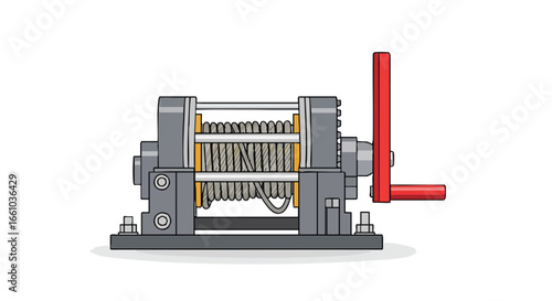 Depiction of a mechanical winch illustrating engineering principles and applications in rigging systems for industrial or recreational purposes