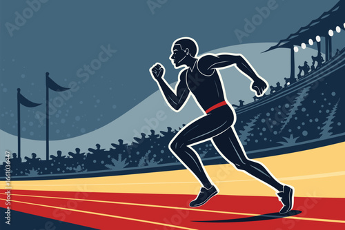 A triumphant athlete sprints on a stadium track before a cheering crowd.
