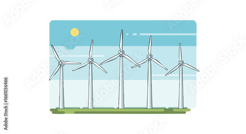 Stylized windmills generating clean energy in a serene rural landscape under a clear sky with a bright sun symbolizing sustainable power generation