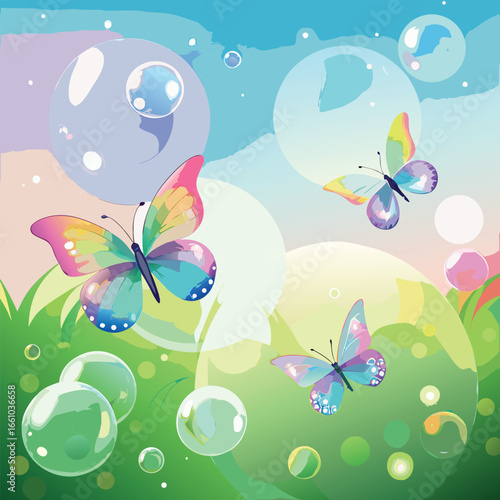 Vibrant butterflies flutter amidst iridescent bubbles in a lush, dreamlike landscape, evoking joy and wonder.
