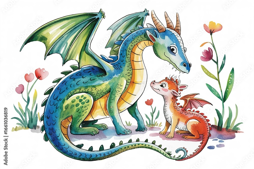 Fototapeta premium A watercolor painting of a mother dragon and her baby dragon art