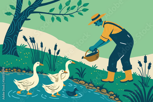 Rustic farmer shares sustenance with quacking ducks beside a serene, sun-dappled pond, flat bold colors, peaceful rural scene.
