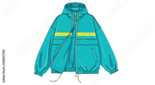 Stylized turquoise hooded jacket illustration with yellow stripe detail for fashion design projects providing visual representation of apparel style