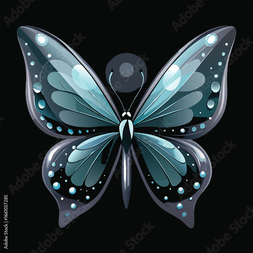 Striking modern turquoise butterfly with dewdrop accents on black background, elegant and abstract design