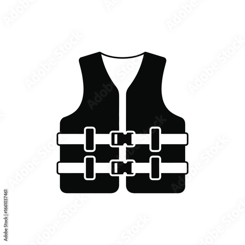 A black and white icon of a life vest