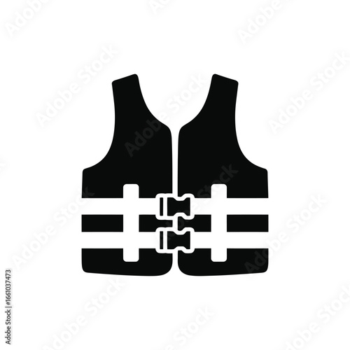 A black and white icon of a life vest