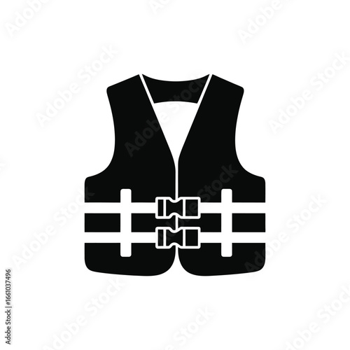 A black and white icon of a life vest