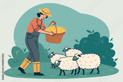 Rustic farmer in overalls, arm extended, feeding a fluffy sheep from a woven basket brimming with fresh hay, soft sunlight.