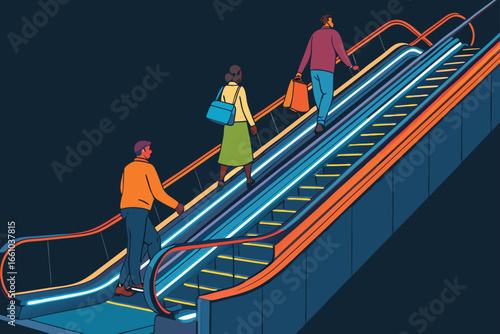 Shoppers ascend an escalator under vibrant neon illumination.