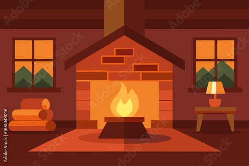 Warm Rustic Living Room with Fireplace Glow Illustration