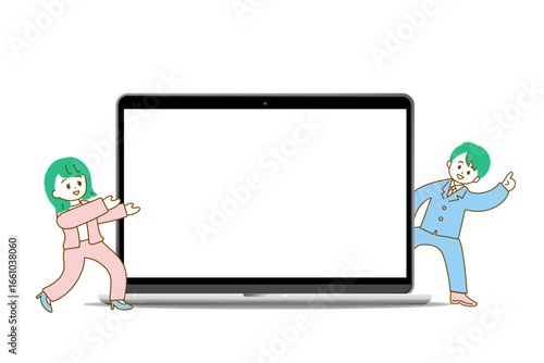 空白のノートパソコン画面とそれを強調する男女のビジネスマン