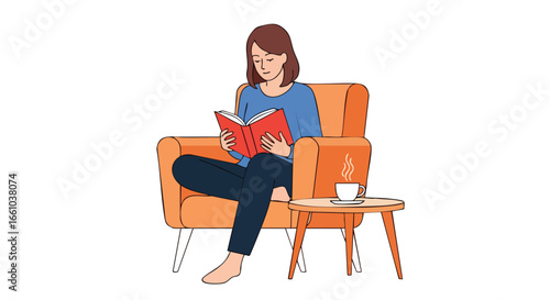 Cartoon illustration showcasing a woman engrossed in reading a novel, with a cup of tea on a side table, creating an atmosphere of comfort