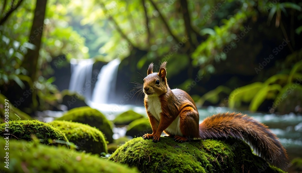 Fototapeta premium Squirrel in a lush forest by a waterfall