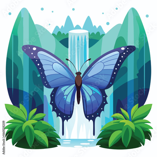 Stunning blue butterfly graces a vibrant waterfall scene with lush green foliage, evoking nature's beauty