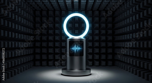 Illuminated ring above a pedestal with a sound wave display in an anechoic chamber