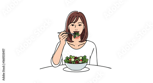 Illustration of a girl having a healthy vegetable salad, promoting wellness and healthy lifestyle with nutritious meal, simple design and clean