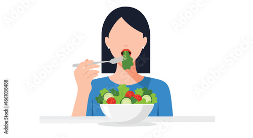 Woman enjoying a nutritious salad, showcasing a healthy lifestyle and promoting balanced nutrition and mindful eating habits for wellbeing